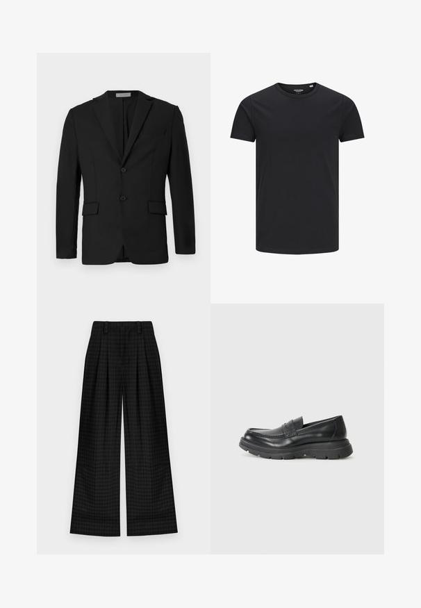 Schwarzes Blazer aus glattem Stoff, mit einem Zwei-Knopf-Verschluss, aufgesetzten Revers und zwei Fronttaschen sowie einer Brusttasche.; Schwarzes Baumwoll-T-Shirt mit Rundhalsausschnitt, kurzen Ärmeln und schlichtem Design. Glatte Textur, keine Muster oder sichtbare Beschläge.; Schwarz karierte weite Hosen mit Falten, die eine glatte Textur und ein klassisches Design bieten. Leichter Stoff für Komfort.; Schwarzer Leder-Schlupfschuh im Mokassin-Stil, mit runder Zehenpartie, dicker Gummisohle und feinen Steppnähten im oberen Bereich.