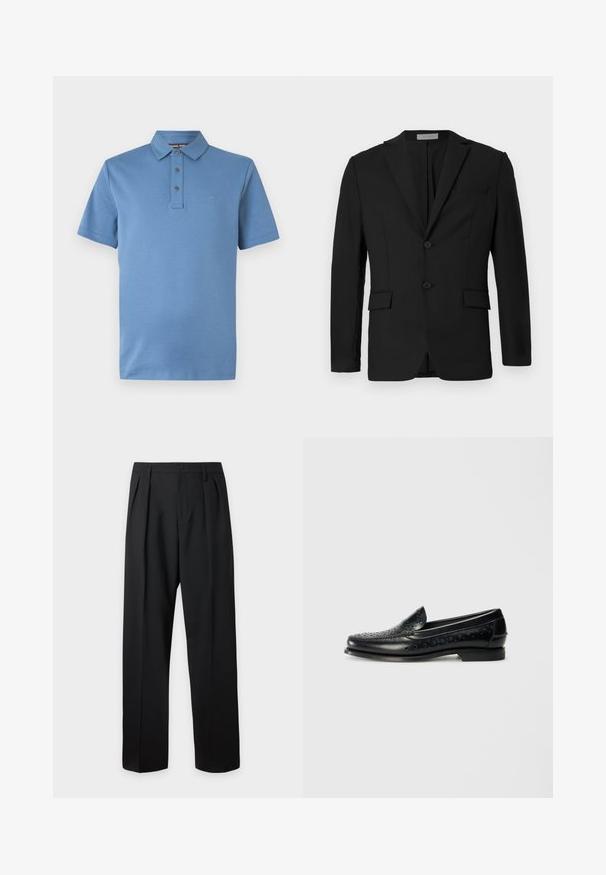 Sort blazer lavet af glat stof, med to-knaps lukning, klippede revers og to frontlommer samt en brystlomme.; Blå kortærmet poloshirt med klassisk krave, tre-knaps stolpelukning og diskret "MK" logo på venstre bryst.; Sorte formelle bukser med plisseringer, bæltestropper og knaplukning ved taljen, vist mod en ensfarvet lys baggrund.; Hereu MANGRA - Loafers - black