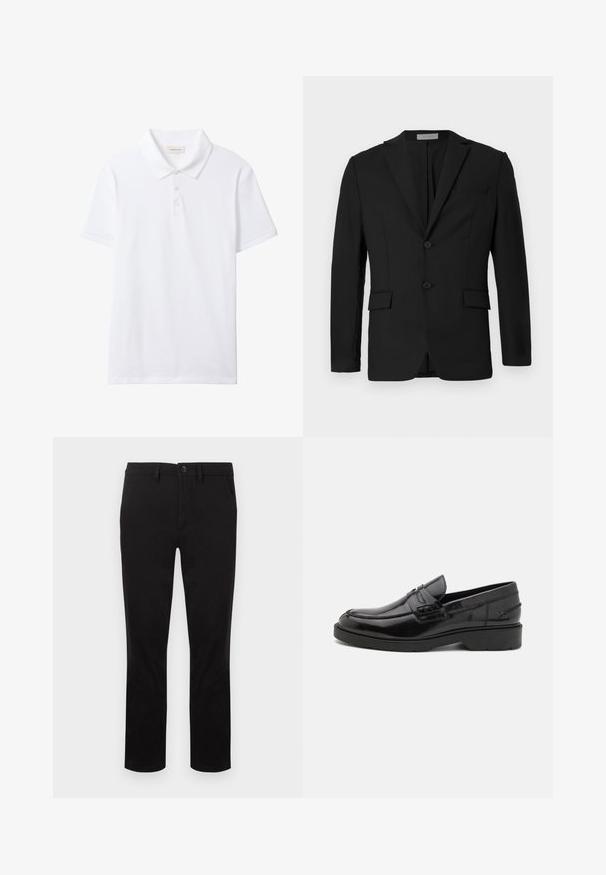 Schwarzes Blazer aus glattem Stoff, mit einem Zwei-Knopf-Verschluss, aufgesetzten Revers und zwei Fronttaschen sowie einer Brusttasche.; Weißes kurzärmeliges Poloshirt mit Kragen und dreiknöpfiger Knopfleiste, einfarbige Vorderseite und einem kleinen Calvin Klein Jeans Etikett innen am Kragen.; Schwarze Hose aus einem glatten Stoff, mit geradem Schnitt, Gürtelschlaufen und einem einzelnen Knopfverschluss an der Taille. Keine Muster.; Schwarze Lederloafers mit glatter Oberfläche, abgerundetem Zehenbereich, niedrigem Absatz und dekorativer Naht entlang der Vorderseite. Gummisohle für guten Halt.