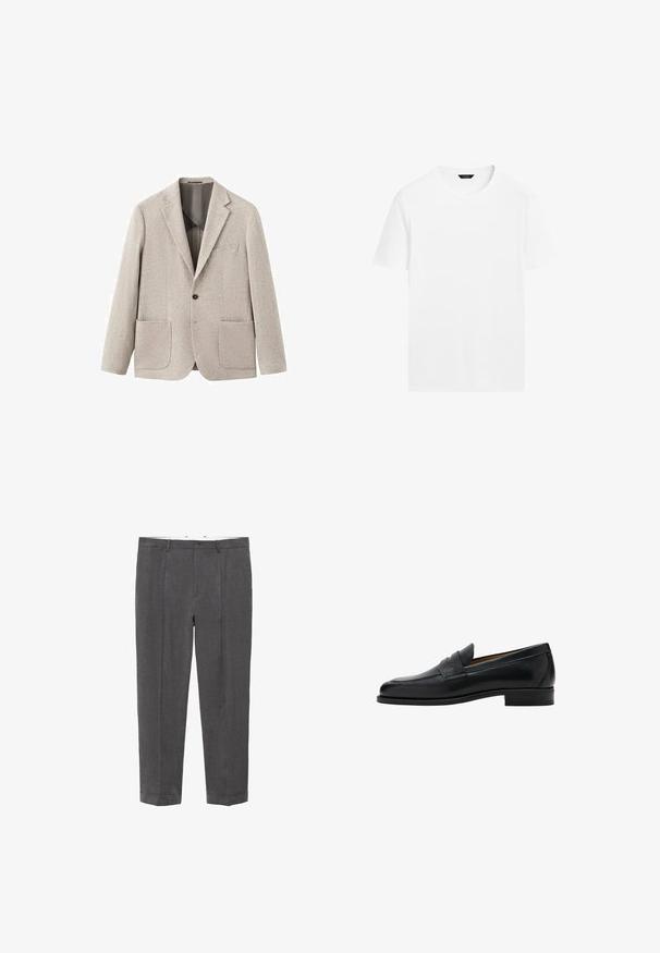 Lysegrå blazer lavet af tekstureret stof. Har en notch revers, enkeltknaplukning og to frontlommer med klap.; Hvid bomulds t-shirt med rund hals, korte ærmer og lige skæring. Har en glat, let tekstur og ingen synlige mønstre.; Mørkegrå skræddersyede bukser med bæltestropper, knaplukning, forkantfold og opsmøgte kanter, vist fladt mod en hvid baggrund.; Sort læder penny loafer med lav hæl, rundet tå og rem over den øverste del af skoen.
