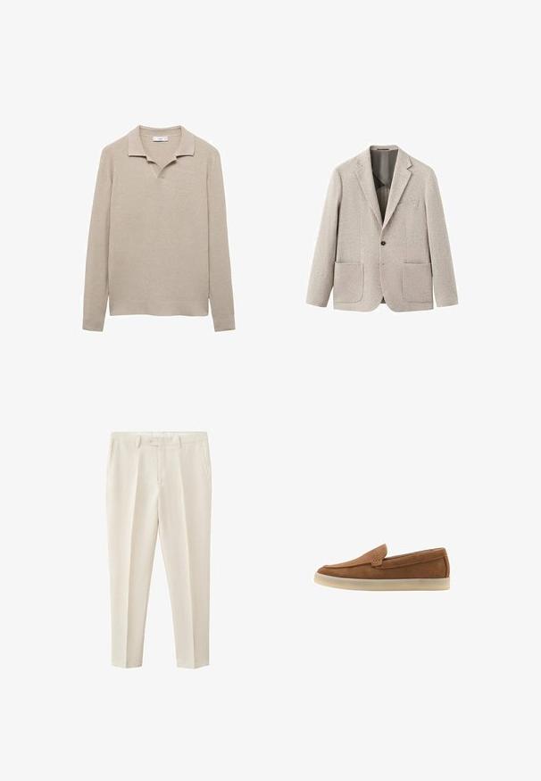 Blazer gris clair en tissu texturé. Il possède un col à revers en encoche, une fermeture à un bouton et deux poches plaquées à l'avant.; Pull en tricot côtelé beige avec un col, décolleté en V à l'avant, manches longues et ourlet droit. Texture lisse sur l'ensemble.; Pantalon beige sur mesure avec poches latérales, passants de ceinture, fermeture par bouton et pli frontal courant sur chaque jambe.; Mocassin slip-on en daim marron avec semelle en caoutchouc beige et détails de couture minimalistes, présenté de côté sur fond blanc.