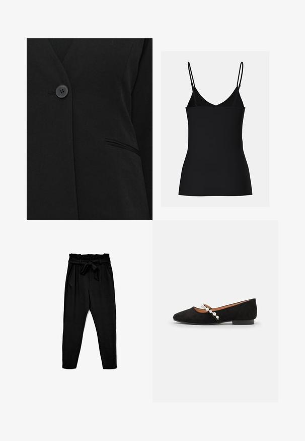 En enkelt sort knap, der lukker en sort blazer nær en enkelt welt-lomme på højre side.; Sort cami-top med tynde justerbare stropper, V-hals design, tætsiddende form og sømløs tekstur. Enkel og minimalistisk stil.; Sorte højtaljede bukser med en båndlås, der har en blød, glat tekstur og to sidelommer; indsnævret ben-design.; Sorte ruskind balletflade med spids tå, der har en dekorativ rem prydet med hvide perler og en lav hæl.