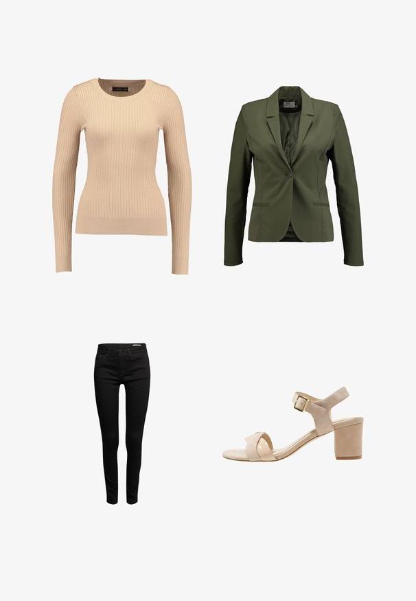 Oliven grøn blazer lavet af glat stof, med en enkelt knaplukning, klapkrave og sidelommer. Simpelt design med rene linjer.; Ribbet langærmet sweater i lys beige, lavet af strækbart stof. Har en rund halsudskæring og tætsiddende silhuet med ribbede manchetter.; Esprit SUS MR SKINNY - Jeans Skinny Fit - black rinse; Beige ruskinds højhælede sandaler med krydsrem-design, justerbar ankelspænde og en 3-tommer blokhæl. Glat tekstur og polerede detaljer.
