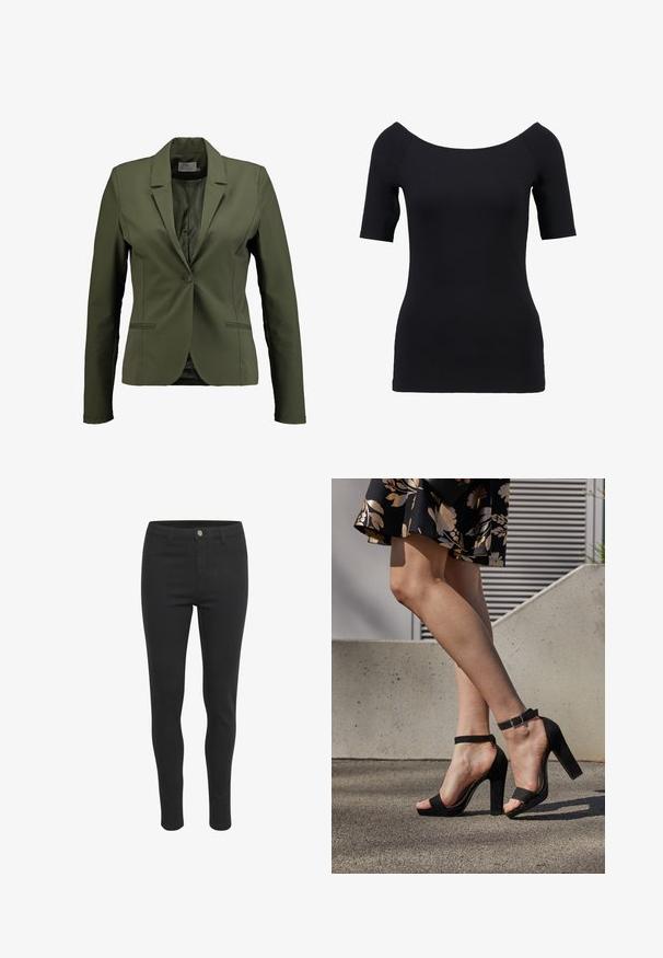 Blazer vert olive en tissu lisse, avec fermeture à un seul bouton, revers crantés et poches latérales. Design simple avec des lignes épurées.; Haut noir à manches courtes avec un décolleté dégagé, design ajusté et texture lisse. Pas de motifs ni de détails matériels visibles.; Jeans skinny noirs avec une texture de tissu lisse, dotés d'une fermeture à bouton à l'avant, de cinq poches et d'un design ajusté.; Des sandales à talons hauts en suede noir présentent une bride de cheville avec une boucle, un design à bout ouvert et un talon épais. Texture lisse et style minimaliste.