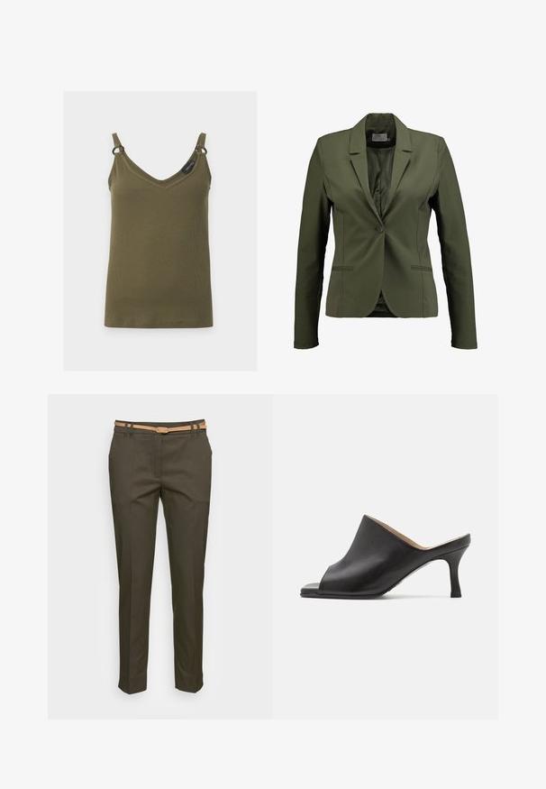 Olijfgroene blazer van soepel materiaal, met een enkele knoopsluiting, notch-lapels en zijzakken. Eenvoudig ontwerp met schone lijnen.; Kakigroene geribde tanktop met V-hals, dunne bandjes en kleine metalen ringen die de bandjes aan de top verbinden, getoond tegen een effen achtergrond.; Olijfgroene op maat gemaakte broek met een slim fit, voorzien van een tan lederen riem, riemlussen en een gladde textuur met voorplooien.; Selected ASHLEY - Muiltjes met hak - black