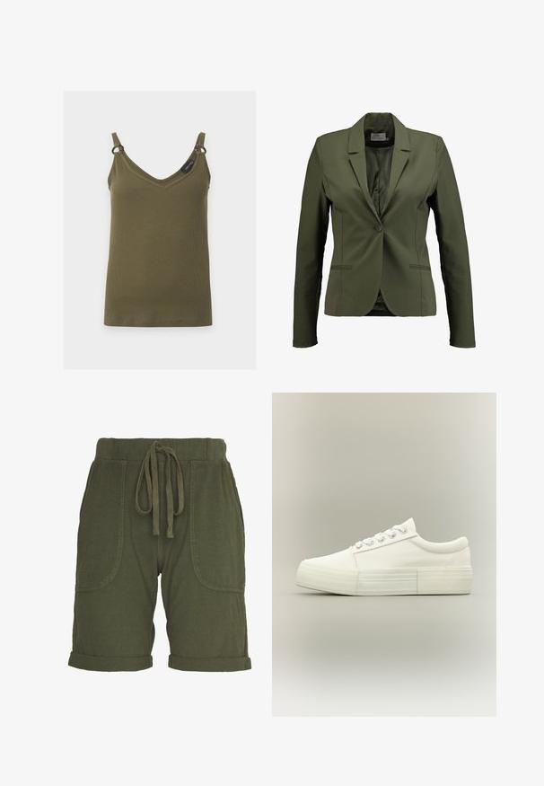 Oliven grøn blazer lavet af glat stof, med en enkelt knaplukning, klapkrave og sidelommer. Simpelt design med rene linjer.; Khakigrøn ribbet tanktop med V-hals, tynde stropper og små metalringe, der forbinder stropperne til toppen, vist på en ensfarvet baggrund.; Olivine grønne shorts med snoretræk i taljen, opbrugte manchetter og store sidelommer. Fremstillet af let, blødt bomuldsmateriale.; Hvid lavtopet sneaker med tyk sål, metaløjer og snørebånd, vist fra siden på en ensfarvet lys baggrund.