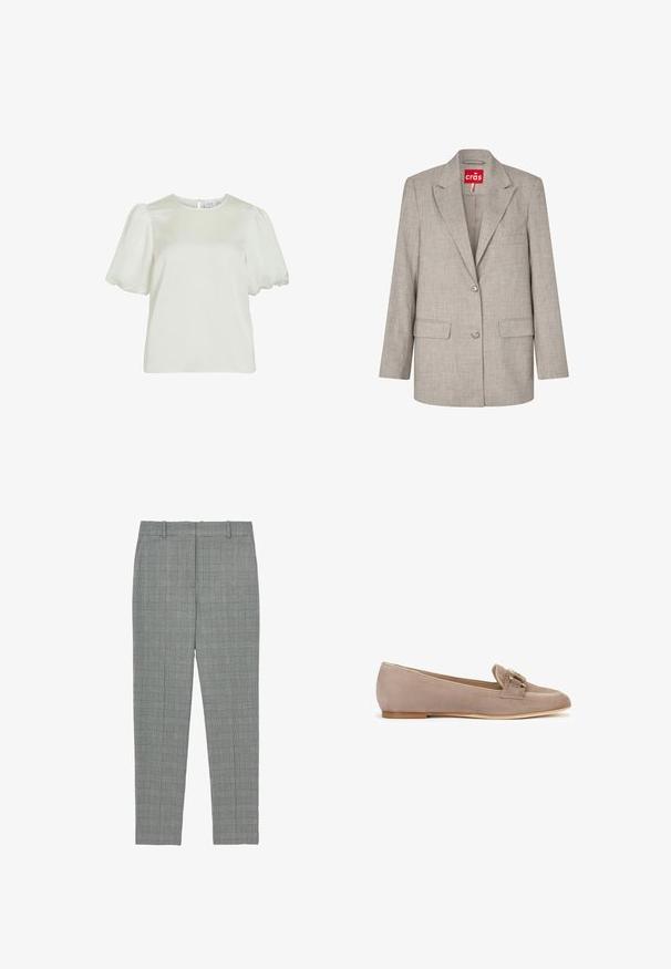 Blazer sastre gris claro con brillo sutil, solapas con muesca, dos bolsillos delanteros con solapa, bolsillo en el pecho y dos botones de cristal en la parte delantera.; Blusa blanca de manga corta con cuello redondo y mangas abullonadas, que presenta un cierre de botones en la parte posterior.; Pantalones tapered de cuadros grises con trabillas y una parte delantera plana, diseñados para un ajuste a medida.; Mocasines de ante en beige claro con punta redondeada, pequeño tacón y un acento decorativo de hebilla metálica en la parte frontal. Textura suave.