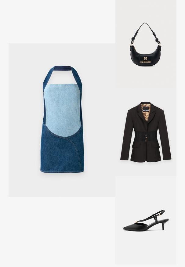 Schwarzer, maßgeschneiderter Blazer mit geschnürtem Taillenkorsett-Detail und Animal-Print-Futter, ausgestattet mit goldenen Haken- und Ösenverschlüssen sowie Klappentaschen.; Denim-Schürze mit einer Mischung aus hellblauen und dunkelblauen Stoffen, mit gewölbten Paneeldesigns und Halterneck-Silhouette.; Schwarzer Leder-Slingback-Kitten-Heel mit spitz zulaufender Spitze, schlankem T-Riemen, verstellbarer Schnalle und kleiner goldener Verzierung am Riemen.; Schwarze Halbmond-Handtasche mit geknotetem Griff und goldener "Love Moschino" Logo-Plakette vorne, Reißverschluss oben.