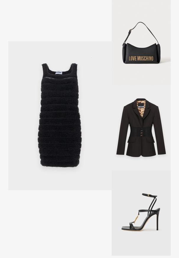 Blazer noir sur mesure avec détail corset cintré à la taille et doublure à imprimé animal, doté de fermetures à crochets dorés et de poches à rabat.; Robe noire cintrée sans manches avec des rayures horizontales texturées et duveteuses et un décolleté carré, étiquetée Moschino.; Sandale noire à talons hauts avec fines lanières, détail en métal doré, design à bout ouvert et texture lisse en cuir. Dispose d'un talon aiguille élancé.; Sac Moschino noir avec lettrage doré et courte bandoulière sur fond blanc.
