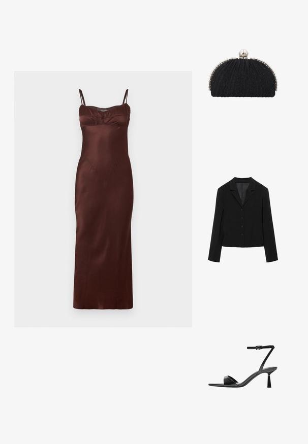 Zwarte op maat gemaakte blazer met inkeping revers, vier knopen aan de voorkant, lange mouwen en een iets ingekorte zoom, plat liggend weergegeven op een witte achtergrond.; Satin-midi-jurk in donkerbruin met dunne verstelbare bandjes, aansluitend lijfje, gepofte details bij de buste en een gladde textuur.; Bershka Sandalen met hoge hak - black; Zwarte avondclutch met gestructureerde stof, omlijst door een rij kleine parels en een grote parelsluiting bovenop.
