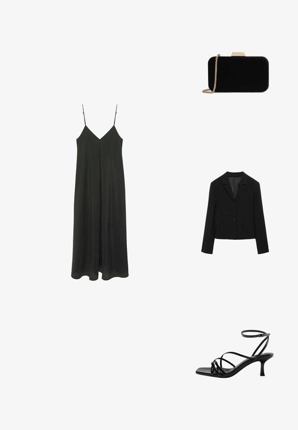 Blazer noir sur mesure avec revers crantés, quatre boutons sur le devant, manches longues et ourlet légèrement court, présenté à plat sur fond blanc.; Robe midi noire sans manches avec fines bretelles ajustables et une couture frontale au centre, suspendue sur fond blanc.; Sandale noire à lanières ouvertes à bout ouvert avec un petit talon bas et une bride à boucle à la cheville, présentant de fines lanières en cuir entrecroisées sur le dessus du pied.; Pochette en velours noir avec quincaillerie dorée, de forme rectangulaire, et une bandoulière en chaîne, présentant une texture lisse et sans motifs visibles.
