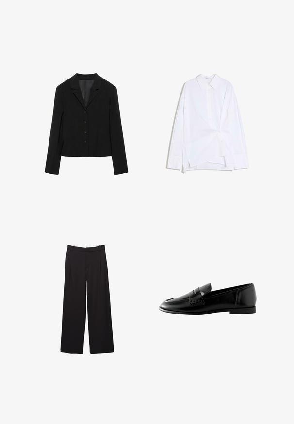Sort skræddersyet blazer med klapkrave, fire forreste knapper, lange ærmer og en let cropped kant, vist fladt på en hvid baggrund.; Hvid langærmet skjorte med knapper, asymmetrisk snoet forstykke og klassisk krave, vist på en hvid baggrund.; Sorte bukser med vide ben, fordele foran og bæltestropper, skræddersyet pasform, talje i mellemhøjde og skjult lukning foran.; Svarte læder loafers med en glat overflade, rund tå og et dekorativt bånd over vristen. Lav hæl og diskrete syninger.