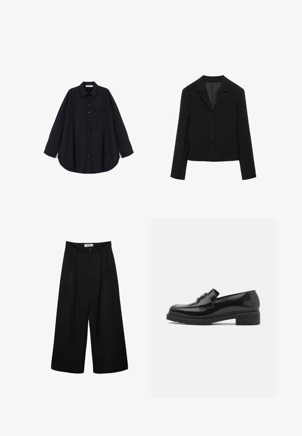 Blazer noir sur mesure avec revers crantés, quatre boutons sur le devant, manches longues et ourlet légèrement court, présenté à plat sur fond blanc.; Chemise noire à boutons, fabriquée dans un tissu texturé. Dispose d'un col pointu, de manches longues, d'une poche poitrine et d'un ourlet arrondi.; Pantalon noir à jambes larges avec taille haute, présentant des plis à l'avant, deux poches latérales et une fermeture par bouton. Texture de tissu lisse.; Mocassins en cuir noir brillant avec un petit talon carré, bout cousu et détail de boucle en métal sur le dessus, présentés en vue de profil sur fond blanc.