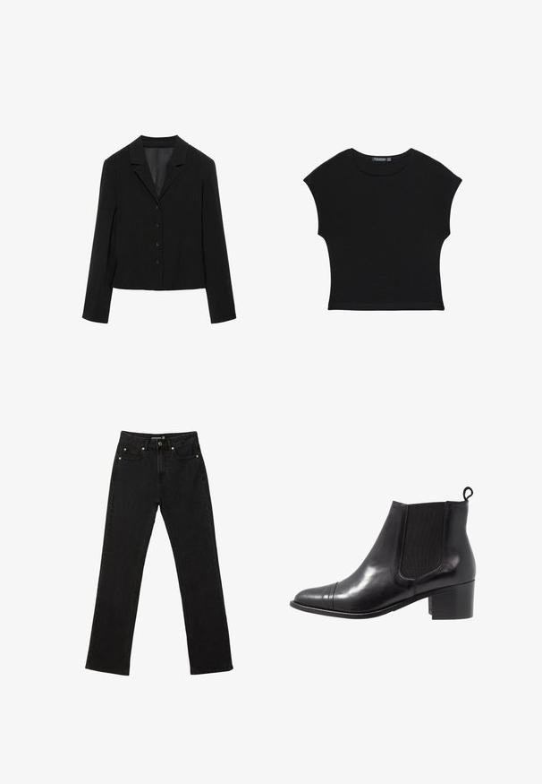 Blazer noir sur mesure avec revers crantés, quatre boutons sur le devant, manches longues et ourlet légèrement court, présenté à plat sur fond blanc.; Haut court noir à manches courtes avec encolure ronde et taille légèrement cintrée, fabriqué en tissu doux et léger.; Jean noir droit avec cinq poches, fermeture à boutons et passants pour ceinture, taille 38.; Botte de cheville en cuir noir avec des panneaux élastiques sur les côtés, bout rond et talon en bloc texturé. Dispose d'une languette en boucle à l'arrière pour un enfilage facile.