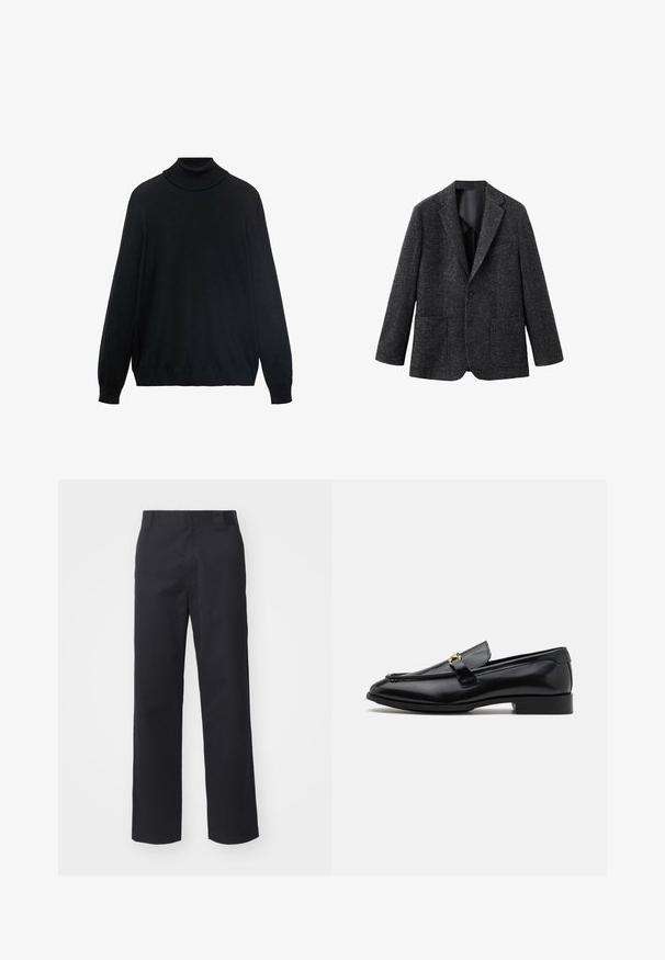 Blazer gris oscuro de tela texturizada, con solapa de muesca, cierre de un solo botón y dos bolsillos delanteros de parche.; Suéter negro de cuello alto con un collar ajustado, mangas largas y puños y dobladillo de canalé. Fabricado con una tela suave y elástica de textura lisa.; Pantalones rectos negros hechos de una mezcla de algodón. Cuentan con una cintura plana con presillas para cinturón y sin hardware o adornos visibles.; Mocasines de cuero negro con punta redondeada, detalles de costura, un pequeño tacón y un detalle de hardware dorado en la correa. Textura suave en toda su superficie.