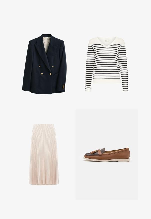 Mørkeblå dobbeltradet blazer med guldknapper, brede revers, to forlommer og en skræddersyet pasform.; Stribet sweater i creme og marineblå, med V-hals, lange ærmer og ribbet kant. Fremstillet af et blødt strikmateriale.; Plisseret midi nederdel i en lys beige farve, fremstillet af et glat stof, med smalle lodrette plisser og en elastisk talje.; Brun læder fladsko med grå tekstil detaljer og frynsedetalje. Har en rund tå og en fleksibel, lys farvet sål.