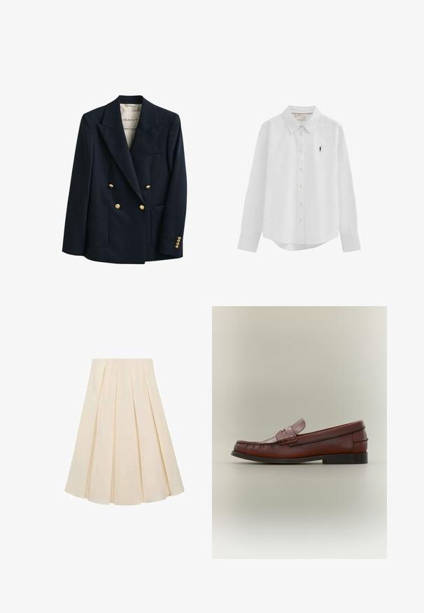 Donkerblauwe dubbelgeknoopte blazer met gouden knopen, brede revers, twee voorzakken en een getailleerde pasvorm.; Witte blouse met lange mouwen, knopen en kraag, met een klein zwart geborduurd logo van een polo-speler op de linkerborst.; Plisseerok van crèmekleurige stof; heeft een zachte textuur, een middellange ontwerp en symmetrische plooien die zich uitstrekken van de tailleband tot de zoom.; Bruine leren herenslipper met zwarte zool en decoratieve band, zijaanzicht op een neutrale achtergrond.