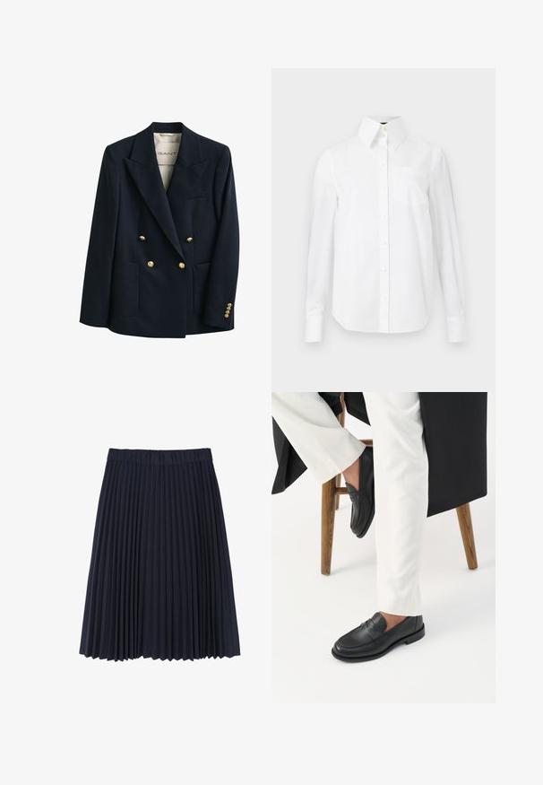 Veste croisée bleu marine foncé avec boutons dorés, larges revers, deux poches avant et une coupe ajustée.; Chemise blanche à manches longues en coton, avec un col pointu, une poche avant et une fermeture à boutons sur le devant. Texture lisse.; Jupe plissée marine en tissu doux. Dotée d'une large ceinture élastique, elle tombe juste au-dessus du genou avec une texture lisse.; Personne portant des mocassins en cuir noir et un pantalon blanc assise sur un tabouret en bois devant un fond blanc.