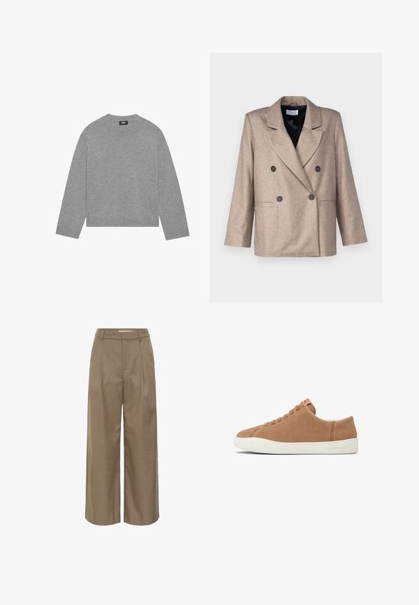 Beige dobbeltræsseret blazer med klapkrave, sorte knapper og to forlommer. Lavet af et tekstureret stof, med en let oversize pasform.; Grå strikket sweater med lange ærmer, rund halsudskæring og ribbet kant. Fremstillet af blødt materiale, har et minimalistisk design uden mønstre.; Beige bukser med vide ben, bæltestropper, forreste folder og høj talje.; Tan ruskinds sneakers med lav profil, hvid gummisål og afrundet tå. Seks huller til snørebånd og subtil branding på hælen.