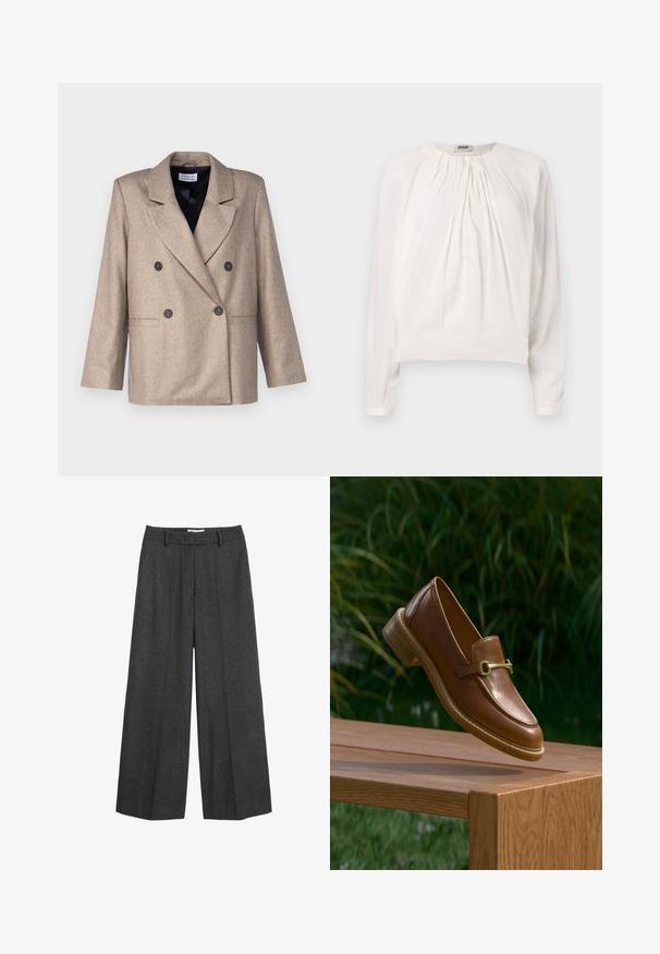 Beige dobbeltræsseret blazer med klapkrave, sorte knapper og to forlommer. Lavet af et tekstureret stof, med en let oversize pasform.; Hvid langærmet bluse med rund halsudskæring og plisseret front. Blødt, glat stof med afslappet pasform og knapdetalje ved kraven.; Bredde bukser i mørkegrå stof. Har en skræddersyet talje med bæltesløjfer, glat tekstur og minimale syninger som detaljer.; Brun loafer i læder med guldbeklædt spænde, svævende over en træbænk udendørs med grønne blade i baggrunden.