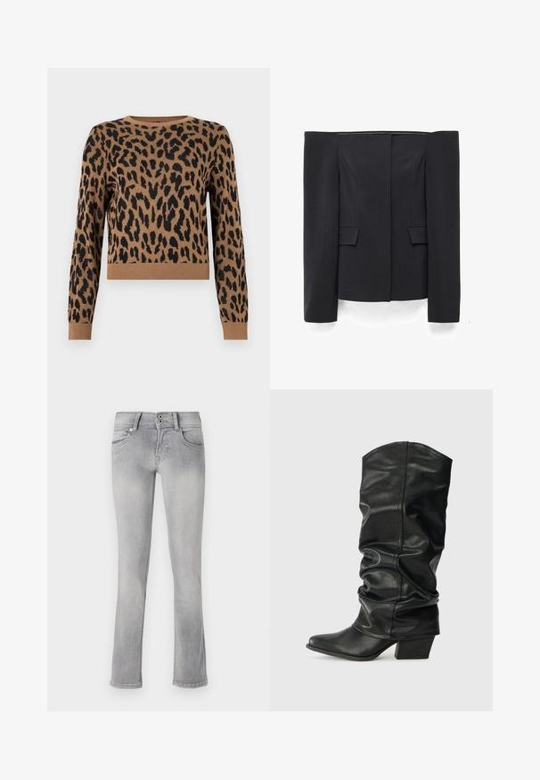 Sort off-shoulder blazer med lange ærmer, strukturerede syninger og to forlommer med klap, designet til formelt brug.; Sweater med leopardprint i tan med sorte pletter. Materialet er strikket, har en rund halsudskæring og ribbestrikket kant. Kort længde og lange ærmer.; Grå denimjeans med en tætsiddende design, let flare ved kanten, to forlommer og en knaplukning. Faded tekstur overalt.; Sorte læderknæhøje støvler med et skrånet design, spids tå og chunky hæl, der har en glat overflade og minimal syning.