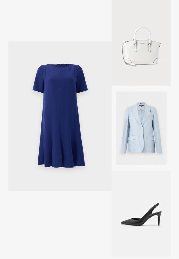 Blazer bleu clair à un bouton, avec revers à crans, poches à rabat et manches longues structurées, présenté sur un fond blanc.; Robe A-line à manches courtes en tissu bleu profond, avec un col rond et des détails de couture subtils pour une silhouette structurée.; Escarpins à talon aiguille en cuir noir, avec un design à bout pointu, présentant une découpure à l'avant et un talon fin.; Sac à main en cuir blanc à texture grainée, anses supérieures arrondies, bandoulière amovible et éléments métalliques argentés.