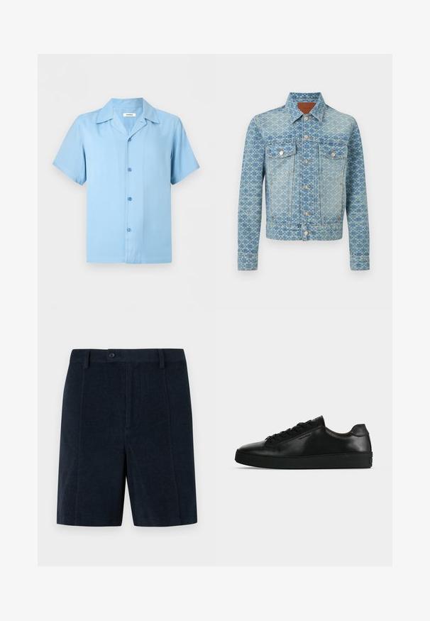 Veste en jean bleu clair avec motif damier, fermeture à boutons sur le devant, deux poches poitrine avec rabats et manches longues.; Chemise bleu clair à manches courtes avec col pointu, quatre boutons sur le devant et un ourlet droit.; Short bleu marine taillé avec passants de ceinture, fermeture à boutons devant et ourlet droit sur un fond uni.; Basket basse en cuir noir avec lacets noirs et semelle épaisse noire, vue de profil sur fond gris clair.