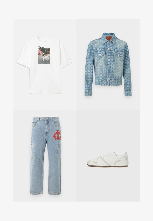 Veste en jean bleu clair avec motif damier, fermeture à boutons sur le devant, deux poches poitrine avec rabats et manches longues.; T-shirt en coton blanc avec une impression photo rectangulaire d'un chien tenant un frisbee rose. Le texte au-dessus de l'image indique "Rester FERMÉ."; Pantalon cargo en denim bleu clair avec poches latérales et un graphique rouge sur la cuisse droite.; Baskets blanches avec une tige en tissu lisse, des accents beige, un bout arrondi et une semelle en caoutchouc. Présente un design à lacets et des coutures sur les côtés.