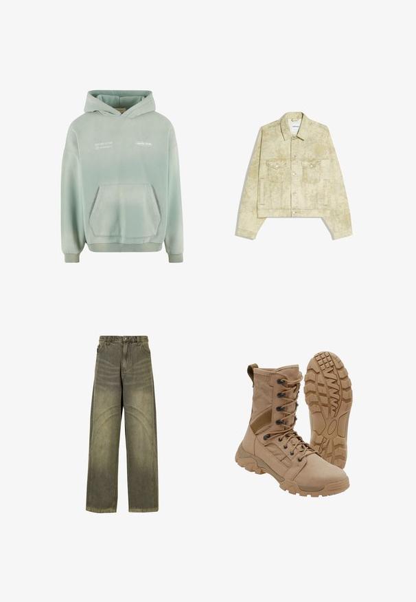 Lichtbeige gewassen spijkerjasje met kraag, knopen aan de voorkant, twee klepzakken op de borst en zijzakken, plat gelegd op een witte achtergrond.; Lichtgroene hoodie met een buidelzak, geribbelde manchetten en zoom. Bevat witte bedrukte tekst op de voorkant en heeft een zachte, gestructureerde afwerking.; Wijde spijkerbroeken van olijfgroene denim, met gebogen naadaccenten, klassieke knoopsluiting en een vervaagde afwerking.; Tan tactische laars met veterontwerp tot aan de enkel en stevige rubberen zool, één laars rechtopstaand en één die het profielpatroon toont.