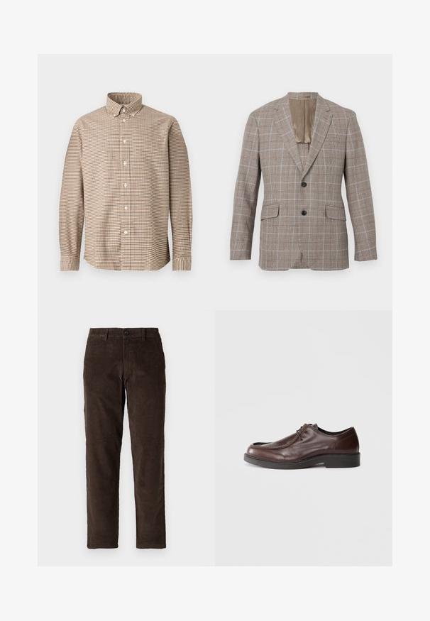 Braun karierter Blazer mit einem hellblauen Gittermuster, der zwei Vorderseiten-Taschen, einen Einzelknopfverschluss und ein kontrastierendes beiges Futter aufweist.; Beige- und braunkariertes Langarm-Hemd mit knopffestem Kragen, auf einem schlichten Hintergrund aus der Frontansicht präsentiert.; Braune Cordhosen mit geradem Schnitt, ausgestattet mit einem Frontknopfverschluss und standardmäßigen Gürtelschlaufen. Glatte Textur und klassischer Schnitt.; Braune Lederdressschuhe mit einer abgerundeten Spitze, minimalen Nähakzenten und einer robusten schwarzen Sohle. Verfügt über eine Schnürung und eine glatte Textur.