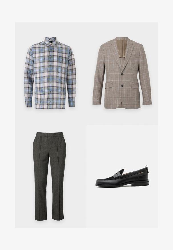 Blazer de cuadros marrón con un patrón de cuadrícula azul claro, que cuenta con dos bolsillos frontales, un cierre de un solo botón y un forro beige contrastante.; Camisa a cuadros en tonos blanco, azul, verde y morado. Cuenta con un cuello abotonado, mangas largas y botones en la parte delantera. Tela ligera.; Pantalones grises a medida con una tela texturizada, que cuentan con una cintura elástica, piernas rectas y detalles de pliegues en la parte delantera.; Mocasín de cuero negro con detalle de tira gris, tacón bajo y suela texturizada, con la marca "HUGO" en oro en el lateral.