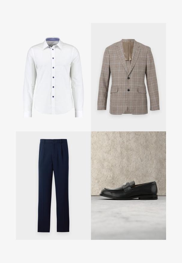 Blazer à carreaux marron avec un motif à damiers bleu clair, doté de deux poches avant, d'une fermeture à un bouton et d'une doublure beige contrastante.; Chemise blanche à manches longues avec un col à boutons, dotée de boutons d'accent bleus et d'un motif à carreaux bleus à l'intérieur du col.; Pantalons bleu marine en tissu lisse, dotés d'une fermeture à un bouton, de plis et de jambes droites. Design minimaliste sans motifs notables.; Mocassin en cuir noir avec une plaque de marque en métal reposant près d'une table ronde marron sur un sol recouvert de moquette beige.