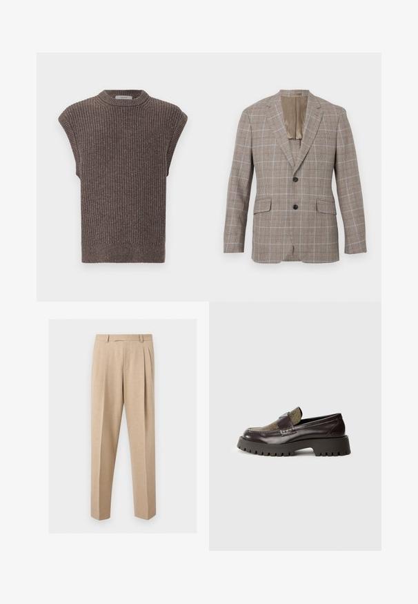 Brun rutet blazer med et lysblåt gittermønster, der har to forlommer, en enkelt knaplukning og en kontrasterende beige foer.; Brun strikket ærmeløs top med ribbet tekstur, høj krave og sideslidser. Har en tætsiddende kant og blødt stof.; Beige skræddersyede bukser med frontplisser, bæltestropper og lige ben, vist mod en ensartet lys baggrund.; Mørkebrune læderloafer med overdel i mønstret tekstil, kraftig sål med godt greb og dekorativ rem. Har præget brandlogo på siden.