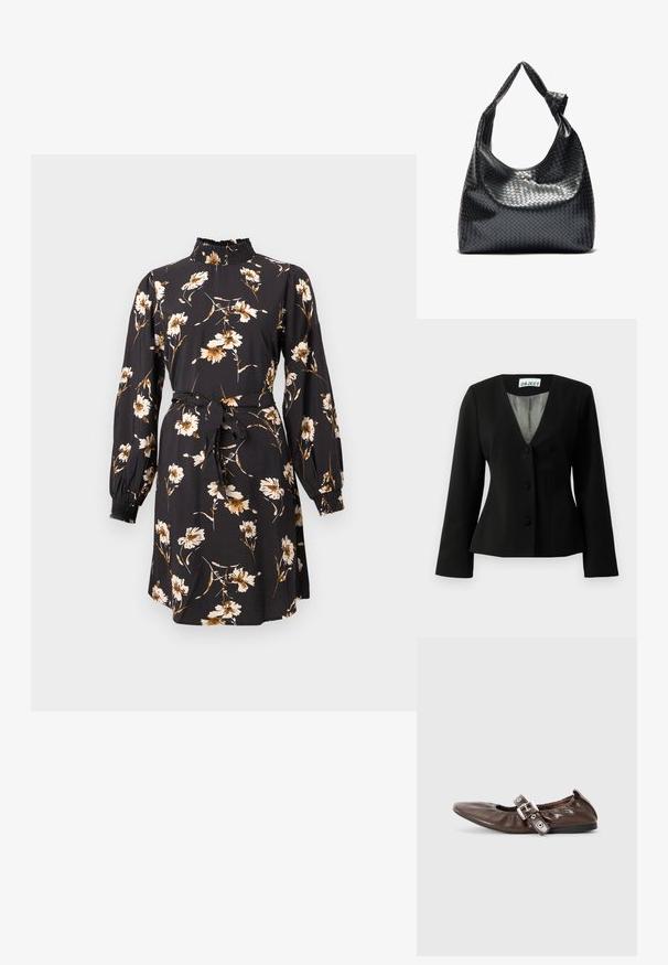 Schwarze taillierte Blazerjacke mit drei verdeckten Knöpfen, V-Ausschnitt, langen Ärmeln und gestreiftem Innenfutter, das am Kragen sichtbar ist.; Schwarzes Kleid mit floralen Mustern in Beige und Gold. Es hat einen hoch gerafften Stehkragen, lange Ärmel und eine Taillenbindung zur Formgebung.; Braunes Lackleder-Ballerina mit spitzem Zeh, elastischem Schleifendetail und silberner Schnallenakzent an der Seite. Schwarze Gummisohle.; Schwarze gewebte Lederhandtasche mit lässigem Design, ausgestattet mit einem geknoteten Trageriemen und einem kleinen dekorativen goldenen Nagel am oberen Rand.