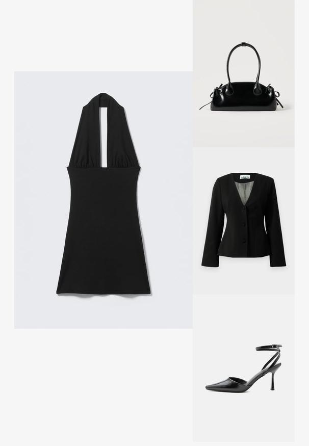 Blazer negro ajustado con tres botones cubiertos, escote en V, mangas largas y forro rayado visible en el cuello.; Vestido negro sin mangas con cuello halter en V profunda y cintura ajustada, exhibido plano sobre fondo claro.; Zapato de tacón alto negro de punta fina con delgadas correas en el tobillo y cierre de hebilla plateada sobre un fondo liso claro.; Pequeño bolso negro brillante con dos asas largas y detalles de cordón lateral sobre un fondo claro liso.