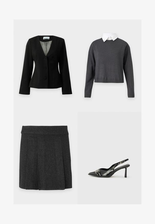 Blazer noir ajusté avec trois boutons recouverts, décolleté en V, manches longues et doublure intérieure rayée visible au niveau du col.; Pull cropped gris foncé avec manches longues, ourlet côtelé, et une chemise col blanc en dessous, présentant une texture lisse.; Jupe noire plissée en tissu texturé. Ceinture mi-haute avec des lignes épurées. Coupe classique adaptée à diverses occasions.; Chaussure slingback en cuir verni noir avec un embout pointu, des brides de cheville avec des boucles en argent et des éléments en métal, et un talon fin.