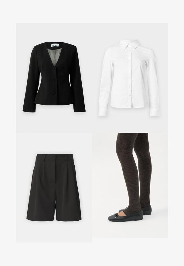 Zwarte getailleerde blazer met drie bedekte knopen, V-hals, lange mouwen en gestreepte voering zichtbaar bij de kraag.; Witte blouse met lange mouwen en knopen, met puntige kraag, rechte zoom en aansluitende silhouet, weergegeven op een effen lichte achtergrond.; Zwarte shorts met een op maat gemaakte ontwerping, voorzien van plooien aan de voorkant, een brede tailleband en een soepele textuur. Geen zichtbare zakken.; Benen met donkere geribbelde leggings gecombineerd met zwarte ballerina's met kleine strikdetails op een witte achtergrond.