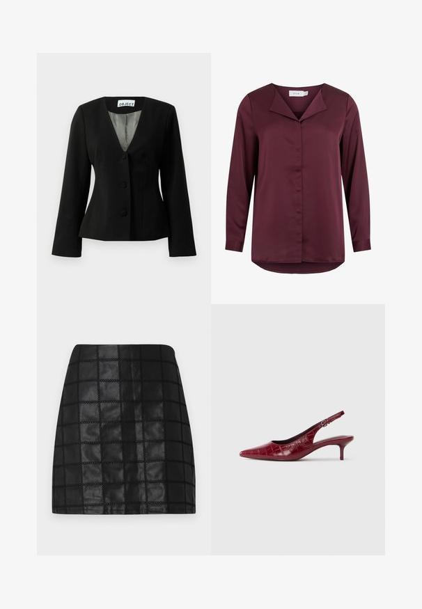 Blazer negro ajustado con tres botones cubiertos, escote en V, mangas largas y forro rayado visible en el cuello.; Blusa de manga larga en burdeos oscuro con cuello vuelto y cierre frontal con botones ocultos, hecha de tela lisa.; Minifalda de cuero negro con un patrón de cuadrícula texturizado, presenta costuras elevadas y una silueta ajustada. El acabado liso realza el diseño.; Zapato de tacón tipo slingback de cuero burdeos con textura de cocodrilo, punta afilada, correa ajustable con hebilla y tacón bajo tipo kitten sobre un fondo blanco.