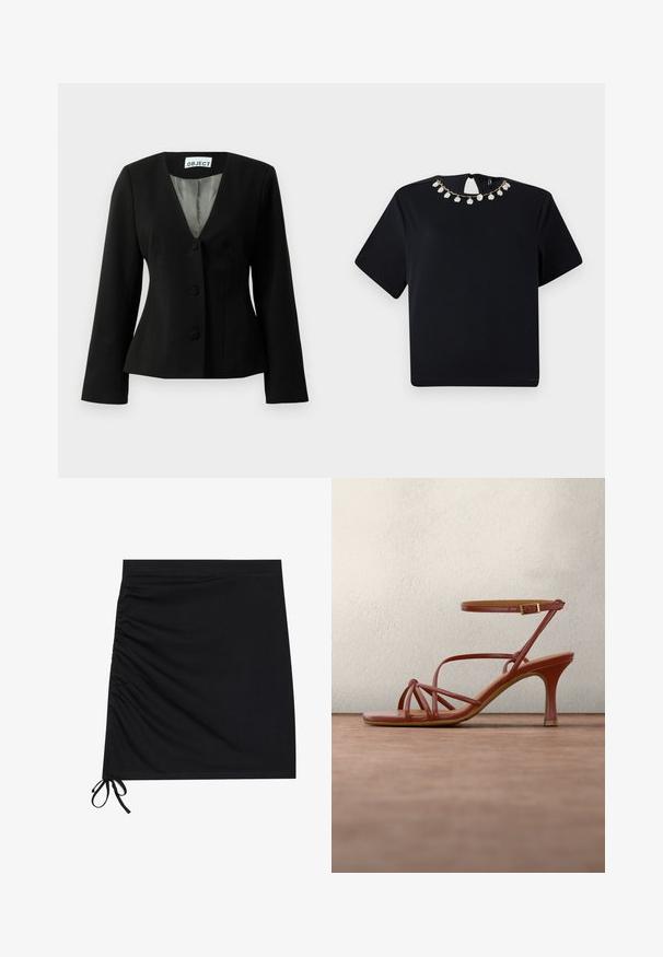 Zwarte getailleerde blazer met drie bedekte knopen, V-hals, lange mouwen en gestreepte voering zichtbaar bij de kraag.; Zwarte top met korte mouwen en een ronde halslijn met een halskettingachtige rij witte, schelpvormige bedels en een keyhole-sluiting aan de achterkant.; Zwarte mini-jurk van zachte stof, met zij-ruche en strikjes aan de zoom. Glad materiaal met een aansluitende pasvorm.; Bruine sandalen met hoge hak en bandjes, voorzien van een enkelgesp, zwevend boven een grijze betonnen vloer met een wazige glazen achtergrond.