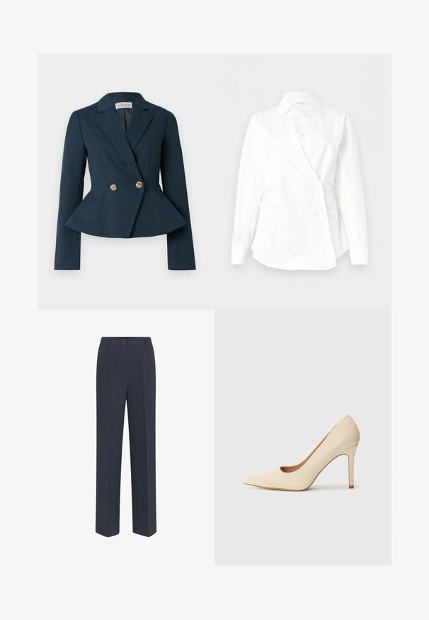 Blazer bleu marine avec taille cintrée, détail à basque, manches longues et design croisé avec des boutons floraux dorés.; Blouse blanche à manches longues pour femmes, avec devant croisé, col classique et détails à boutons, sur un fond uni.; Pantalons ajustés bleu marine avec une coupe droite, dotés d'une fermeture à bouton sur le devant et de détails de plis discrets. Texture de tissu lisse.; Escarpin en cuir beige à talon haut avec un bout pointu et un détail découpé sur le côté, possédant un talon stiletto fin pour le soutien.