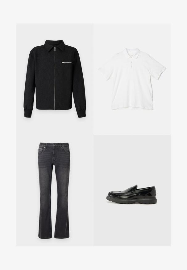 Sort zip-up jakke med et struktureret logo-mønster, krave og sidelomme med lynlås. Har ribbede ærmer og kant.; rag & bone CLASSIC FLAME - Poloshirts - white; Sorte denimbukser med en flared design, fem lommer og metalknaplukning. Stoffet har en glat tekstur med subtil slid.; Sort læderloafer med en blank finish, rund tå, subtile syninger og en tyk gummisål for holdbarhed.