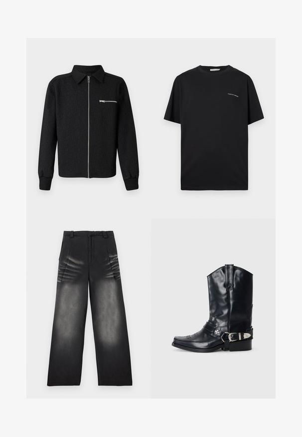 Schwarze Zip-Up-Jacke mit strukturiertem Logo-Muster, Kragen und seitlicher Reißverschlusstasche. Mit gerippten Bündchen und Saum.; Schwarzes T-Shirt mit kurzen Ärmeln, "Tiger of Sweden" Schriftzug auf der oberen linken Brust, Rundhalsausschnitt und regulärer Passform.; Schwarze Jeanshosen mit weitem Bein, verblassten Details an den Oberschenkeln und vorderen Falten, ausgestattet mit Gürtelschlaufen und einem Reißverschluss vorne.; Schwarze Ledersporenstiefel mit spitzem Zeh, hohem Schaft, dekorativer Stickerei und silberner Schnallenhardware am Riemen. Strukturiertes Finish.