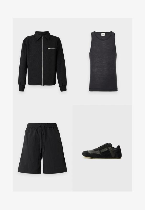 Zwarte zip-up jas met een textuurpatroon van het logo, kraag, en zijzak met rits. Voorzien van ribgebreide manchetten en zoom.; Zwarte mouwloze tanktop gemaakt van lichtgewicht materiaal, met een ronde halslijn en een subtiele textuur, en een contrasterende zoomdetail.; Zwarte shorts van lichtgewicht stof met een gestructureerd oppervlak, voorzien van een elastische tailleband en trektouwtjes voor een verstelbare pasvorm.; Zwarte sneakers gemaakt van suede en leer. Voorzien van een laag profiel, afgeronde neus, vetersluiting en textuurelementen. De zolen hebben een grip textuur.