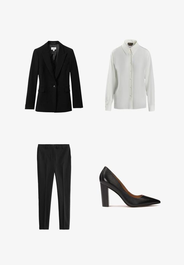 Reiss GABI TAILORED SINGLE BREASTED - Blazer - black; Luisa Spagnoli LIMONAIA - Blusa - panna; Pantalones negros de tejido suave, con un corte entallado, pliegues frontales y pasadores para cinturón, además de bolsillos laterales y traseros.; Zapato de tacón alto de cuero negro con punta afilada, acabado texturizado y tacón grueso. Diseño sencillo con un forro interior suave.