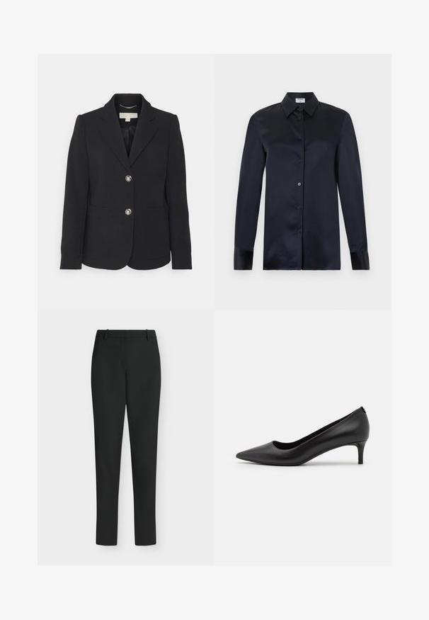 MICHAEL Michael Kors PATCH FITTED BLAZER - Blazer - black; Sort langærmet silke-bluse med spids krave, knappelukning foran og manchetærmer, vist på en ensfarvet lys baggrund.; Sorte, tætsiddende bukser med bæltestropper, forlynlås og lige ben, vist mod en hvid baggrund.; Sort læder pump med spids tå og lav hæl. Glat tekstur, slankt design og subtil detaljering ved hælen.
