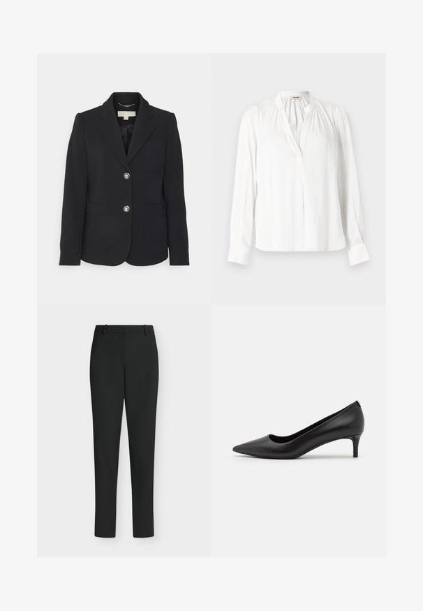 MICHAEL Michael Kors PATCH FITTED BLAZER - Blazer - black; Weiße Langarmbluse mit Stehkragen, gesammelten Falten nahe dem Ausschnitt und verdeckter vorderer Knopfleiste.; Schwarze Slim-Fit-Hose mit Gürtelschlaufen, Frontreißverschluss und geraden Beinen, vor weißem Hintergrund präsentiert.; Schwarze Leder-Pumps mit spitzer Zehenpartie und niedrigem Absatz. Glatte Textur, elegantes Design und subtile Details am Absatz.