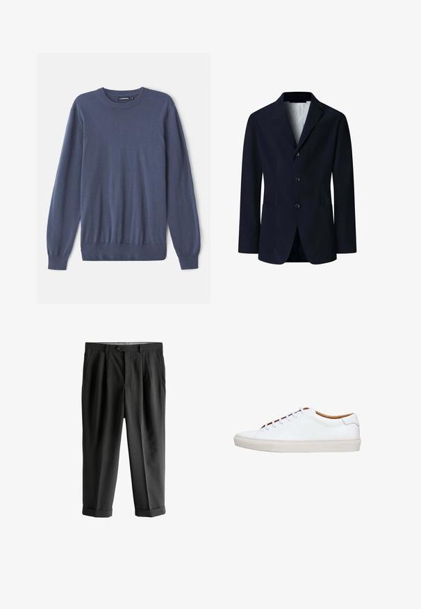 Marineblauer Herrenblazer mit Dreiknopfleiste, Revers mit Einkerbung, Brusttasche und zwei aufgesetzten unteren Taschen, offen getragen, mit hellem Innenfutter.; Herrenblauer Pullover aus weichem Material, mit Rundhalsausschnitt, langen Ärmeln, gerippten Bündchen und passgenauem Saum. Glatte Textur ohne Muster.; Schwarze formelle Hose mit Falten, Knopfverschluss, Seitentaschen und umgeschlagenen Säumen.; Weißer Ledersneaker mit einer strukturierten Gummisohle, rundem Zehenbereich und kontrastierendem, braunem Innenfutter. Verfügt über fünf Ösen und weiße Schnürsenkel.