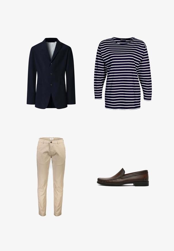 Marineblå mænds blazer med tre-knaps lukning foran, hakkede revers, brystlomme og to nederste påsyede lommer, åbnet, med let inderfor.; Armor lux BEG MEIL MARINIÈRE - Langærmet T-shirt - navire/blanc; Beige bomuldsbukser med lige ben, der har frontlommer, lynlås og en enkelt knaplukning. Glat tekstur, uden mønstre.; Brun læder slip-on loafer med mokkasinsting, flad sort sål, lav hæl og rundet tå, vist i sideprofil på hvid baggrund.