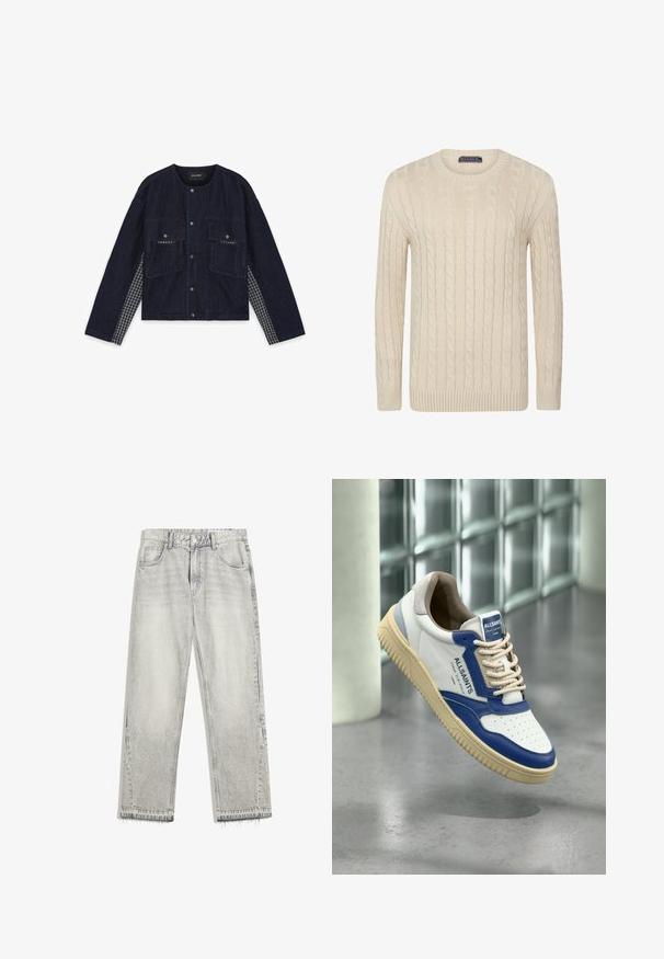 Dunkelblaue Jeansjacke mit zwei Vorderaschen, Druckknöpfen und karierter Seiteneinlage. Runde Halslinie und lange Ärmel, lässiges Design.; Beige Kabelstrickpullover mit Rundhalsausschnitt, langen Ärmeln und gerippten Bündchen und Saum. Hergestellt aus weichem, strukturiertem Strickstoff.; Hellgraue Jeans aus Denim mit leicht gefärbtem Finish, geradem Schnitt, fünf Taschen-Design und ausgefranstem Saum. Flacher Bund mit Gürtelschlaufen.; Weißer und blauer AllSaints-Sneaker mit beiger Sohle und Schnürsenkeln, schwebend über einem polierten Betonboden mit Glassteinwand im Hintergrund.