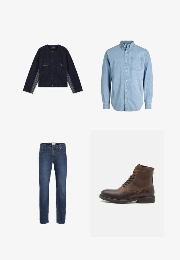 Veste en denim foncé avec deux poches avant, boutons-pression et panneaux latéraux à carreaux. Encolure ronde et manches longues, design décontracté.; Chemise en denim bleu clair à boutons, manches longues, col, poche avant et texture subtile. Présente des boutons blancs le long de la patte de boutonnage.; Jean en denim bleu foncé avec une coupe droite, design à cinq poches et détails de couture visibles. Fermeture classique par bouton et zip.; Jack & Jones JFWDELANEY BOOT - Bottines à lacets - cognac
